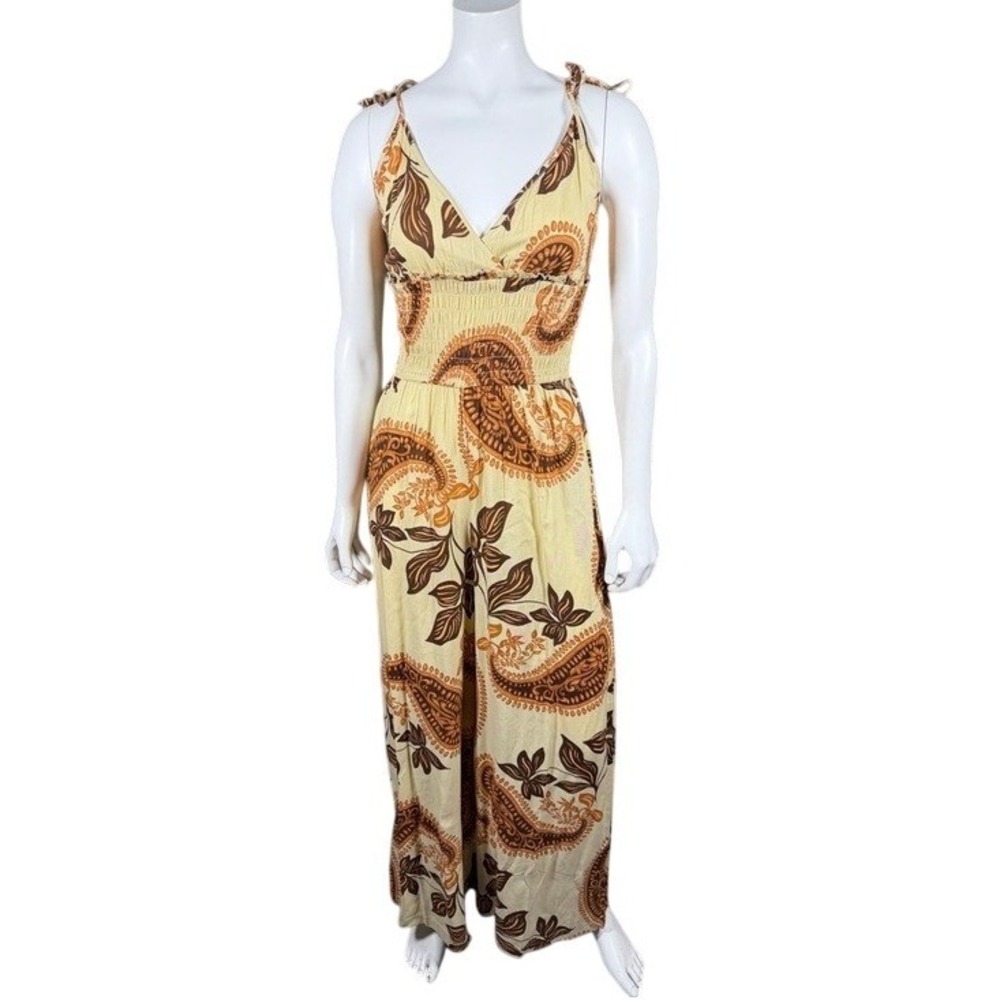 Patrons of Peace Womens XS Jumpsuit Gold Earth Paisley Smocked Wide Leg J1899F58